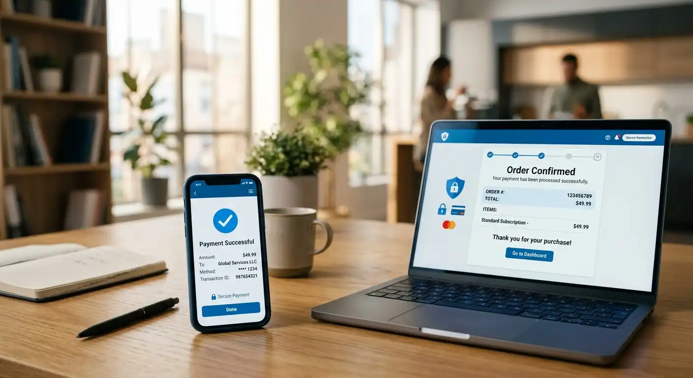 PayPal Logo auf Smartphone neben Laptop mit Casino-Zahlungsseite