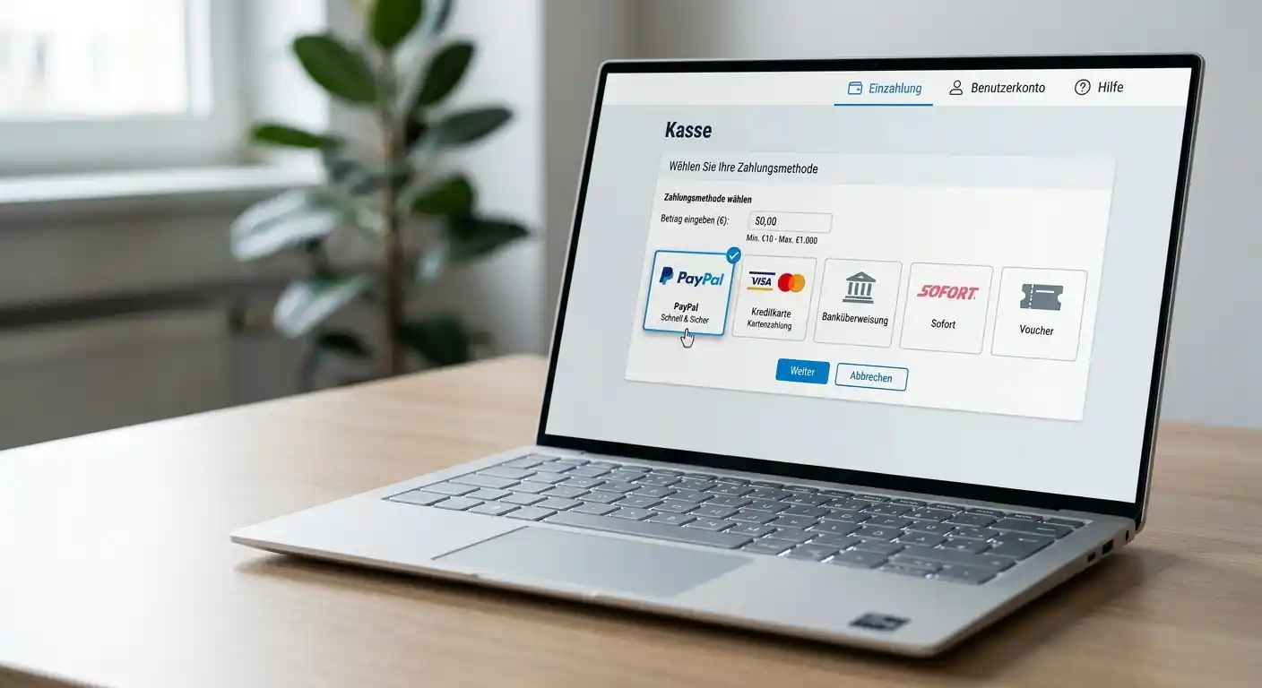 Laptop mit Casino-Kasse und PayPal-Auswahl als Zahlungsmethode