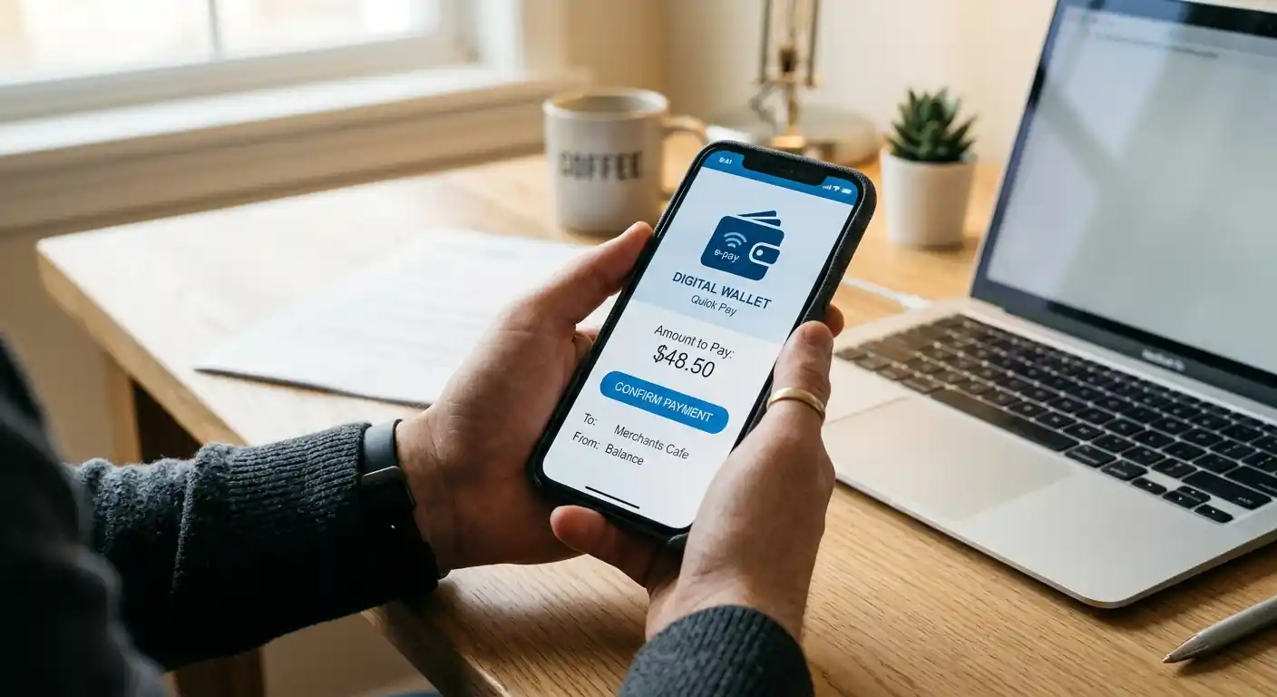 Smartphone mit geöffneter Zahlungsapp und PayPal-Symbol neben einem Laptop