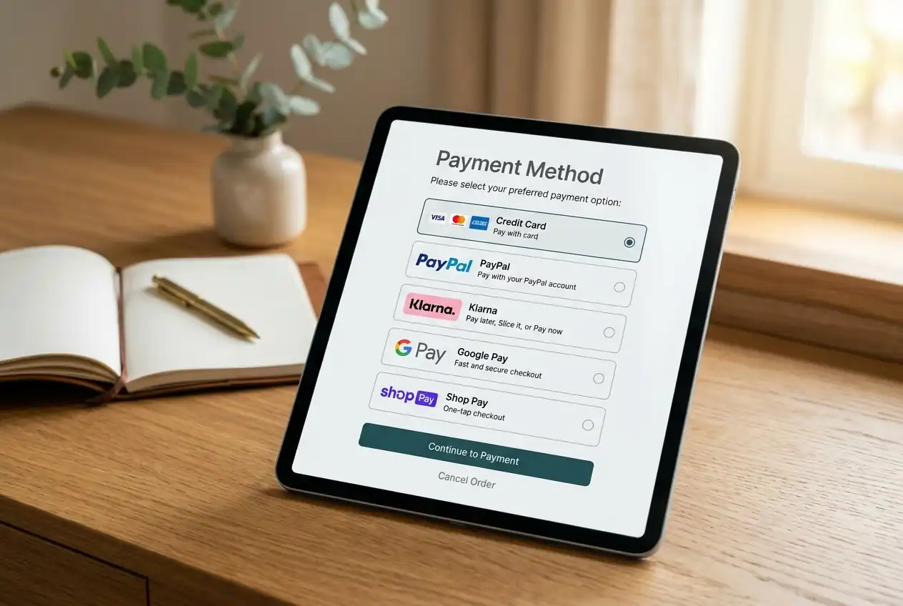Moderne Zahlungsauswahl-Oberfläche auf Tablet mit PayPal und Klarna Logos