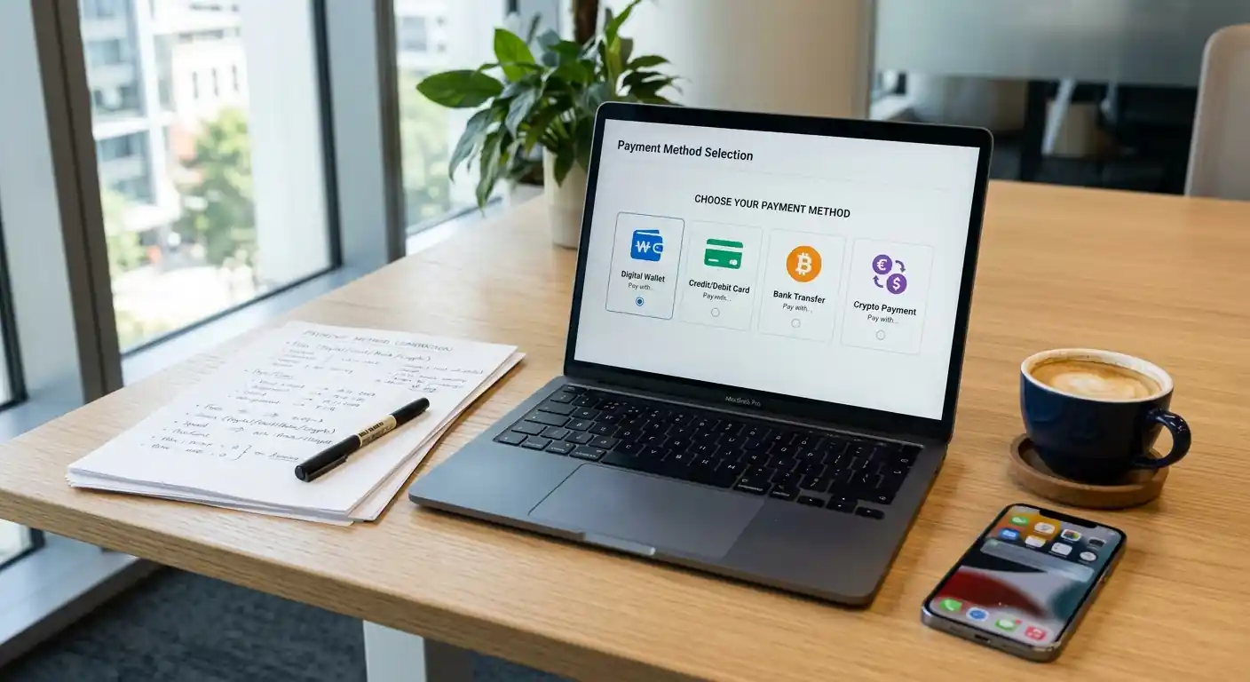 Laptop zeigt Zahlungsmethoden-Vergleich verschiedener E-Wallets