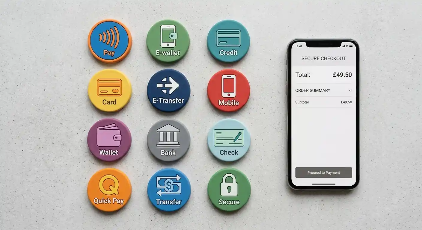 Abstrakte farbige Token als Zahlungsmethoden-Symbole neben einem Smartphone