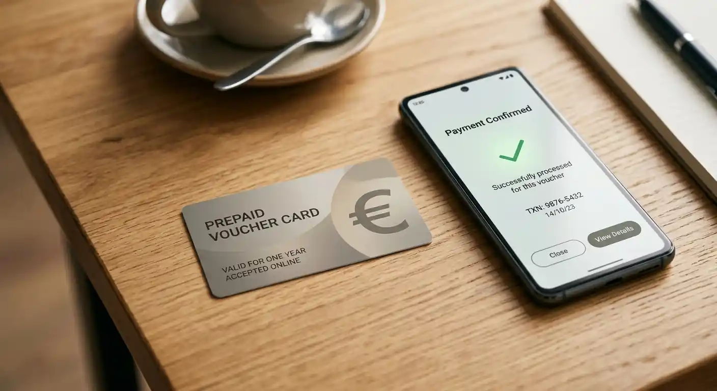 Prepaid-Voucher und Smartphone mit neutraler Zahlungsseite auf einem Tisch