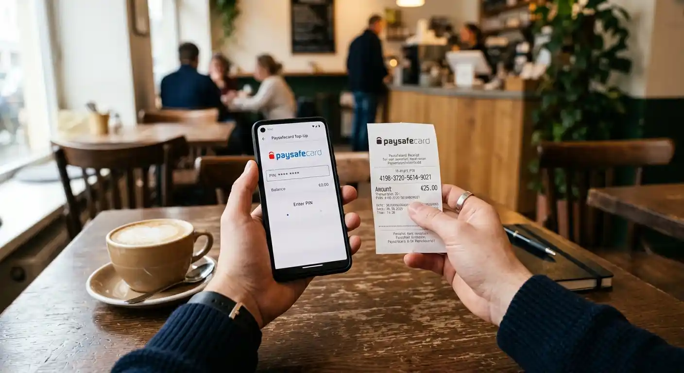 Person hält Smartphone mit Casino-Interface und Paysafecard-Beleg in der Hand
