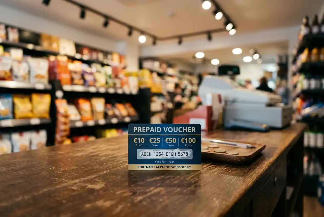 Paysafecard-Gutschein an Verkaufsstelle mit typischen Stückelungen