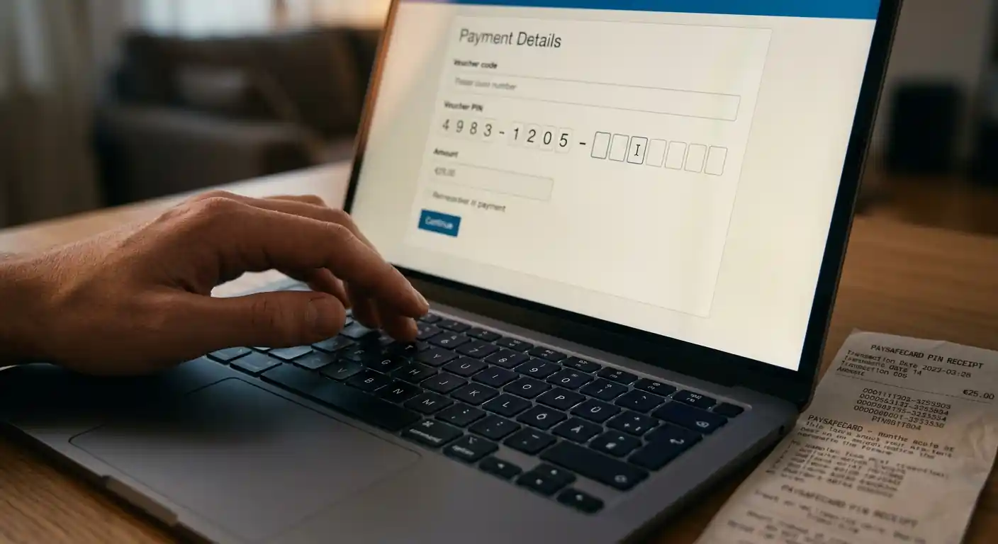 Nahaufnahme einer Hand beim Eintippen eines Paysafecard-Codes in ein Eingabefeld