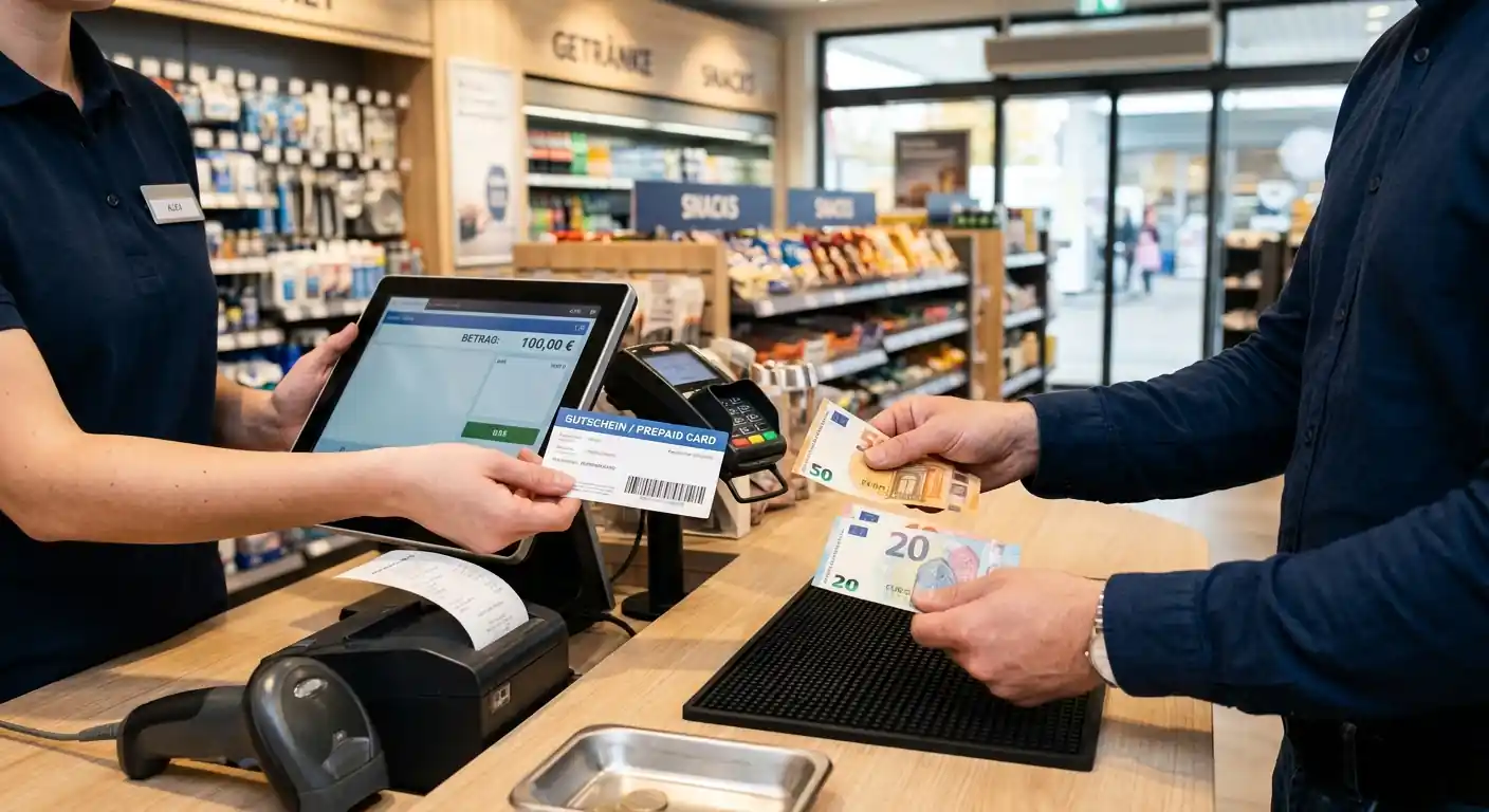 Person an Tankstelle kauft Paysafecard-Voucher mit Bargeld