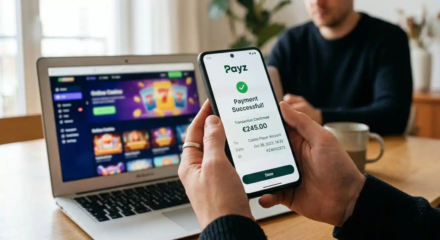 Smartphone mit geöffneter Payz-App und Bestätigungsbildschirm für Casino-Einzahlung