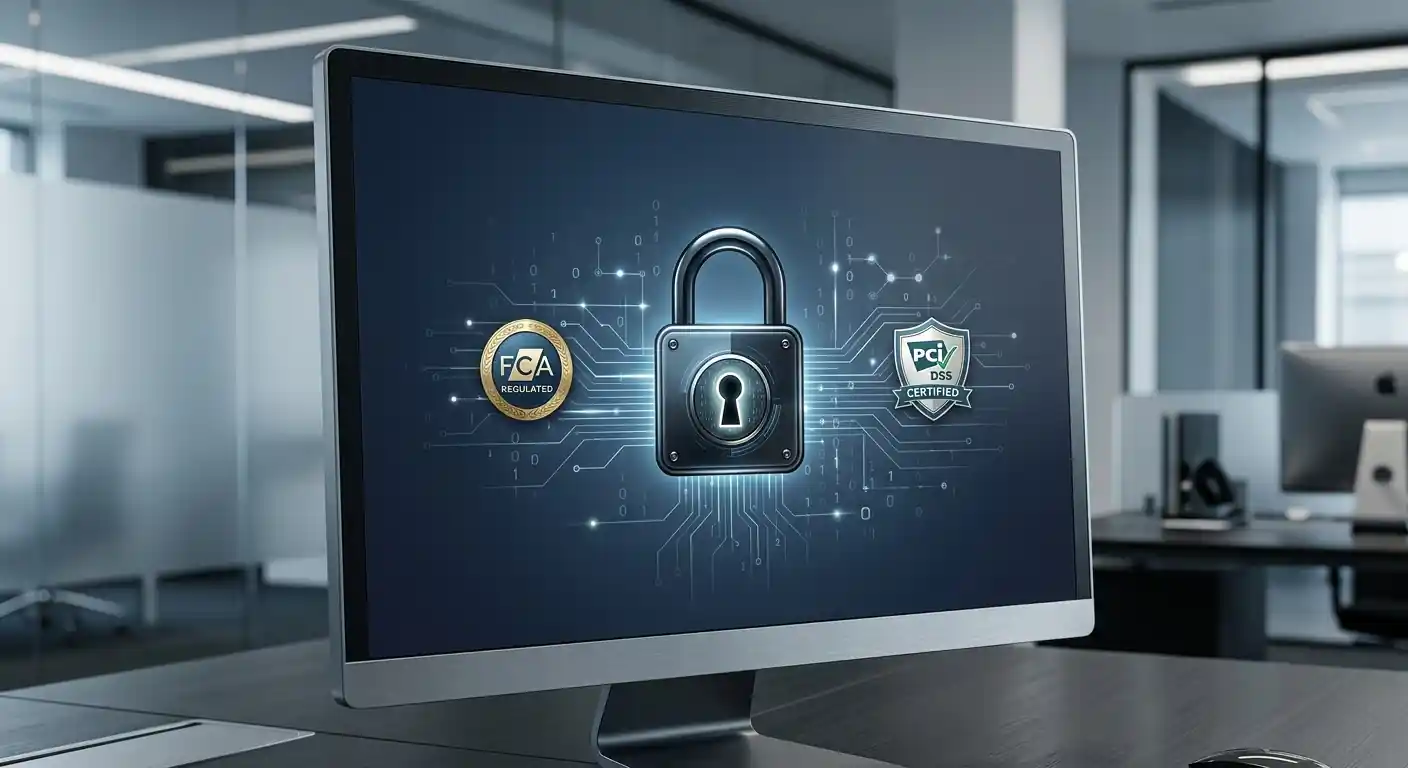 Schloss-Symbol mit FCA-Siegel und PCI-DSS-Zertifikat auf digitalem Hintergrund