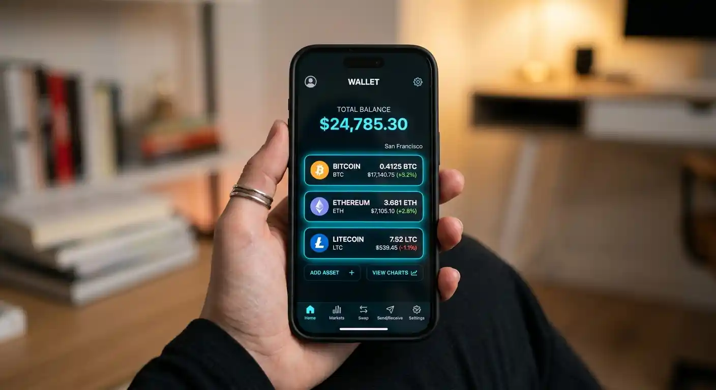 Krypto-Wallet-Interface mit Bitcoin-, Ethereum- und Litecoin-Symbolen auf Smartphone