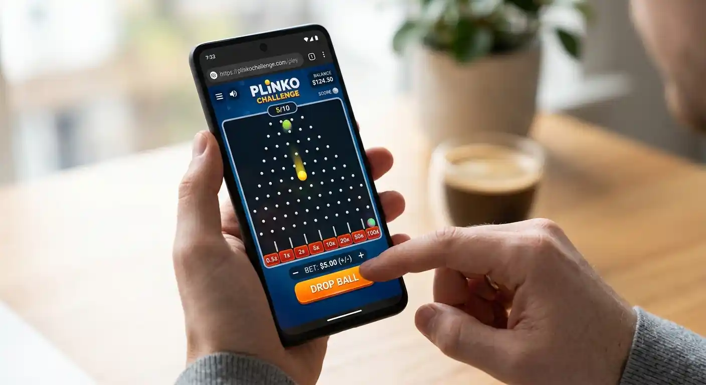 Smartphone mit mobiler Plinko-Spieloberfläche und Touch-Bedienung