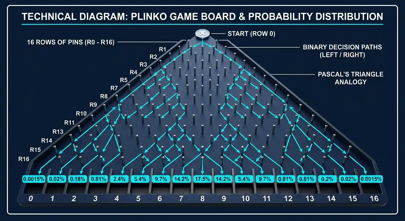 Plinko-Spielfeld mit 16 Pin-Reihen und Binärentscheidungspfaden im Schema