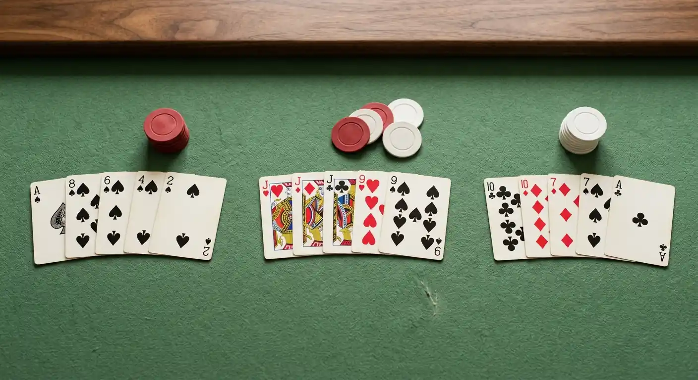 Klare Übersicht dreier Kartenhände nebeneinander auf neutralem Filz mit generischen Spielmarken