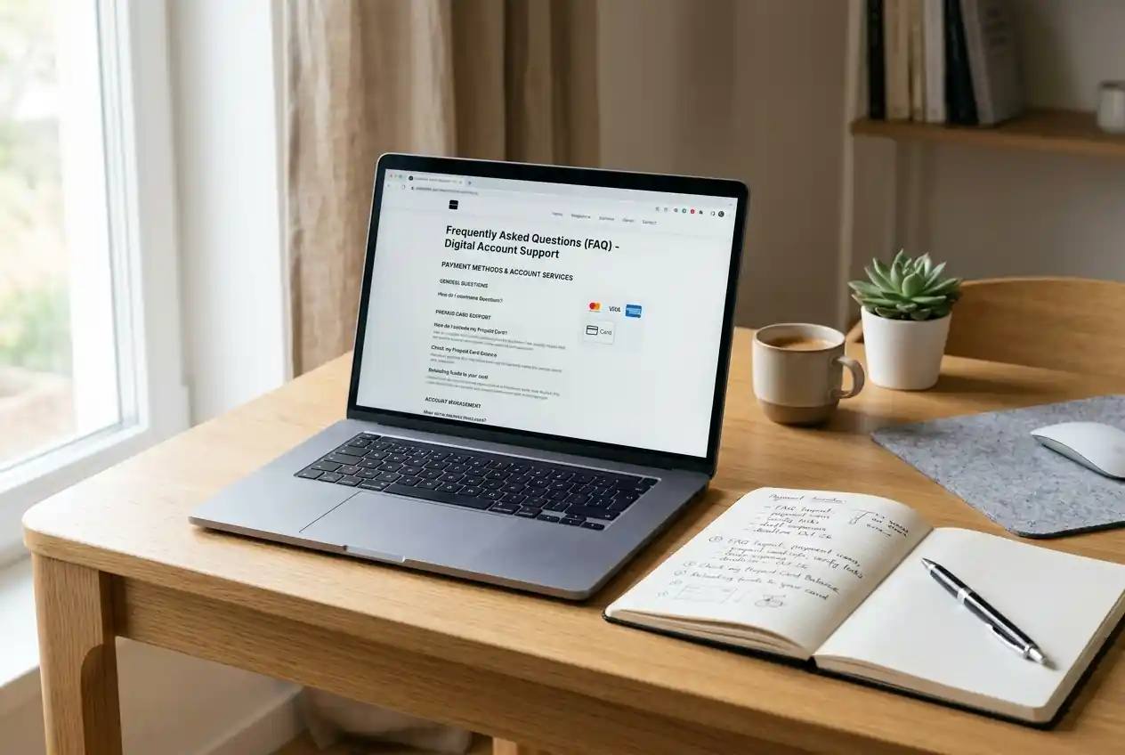 Laptop mit geöffnetem FAQ-Dokument und Notizen zu Prepaid-Voucher-Methoden