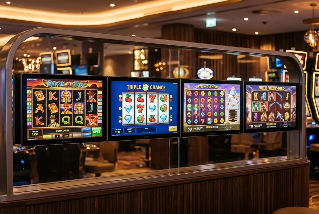 Grid-Ansicht verschiedener Slot-Spieloberflächen von Novomatic, Merkur, Pragmatic Play und modernen Studios