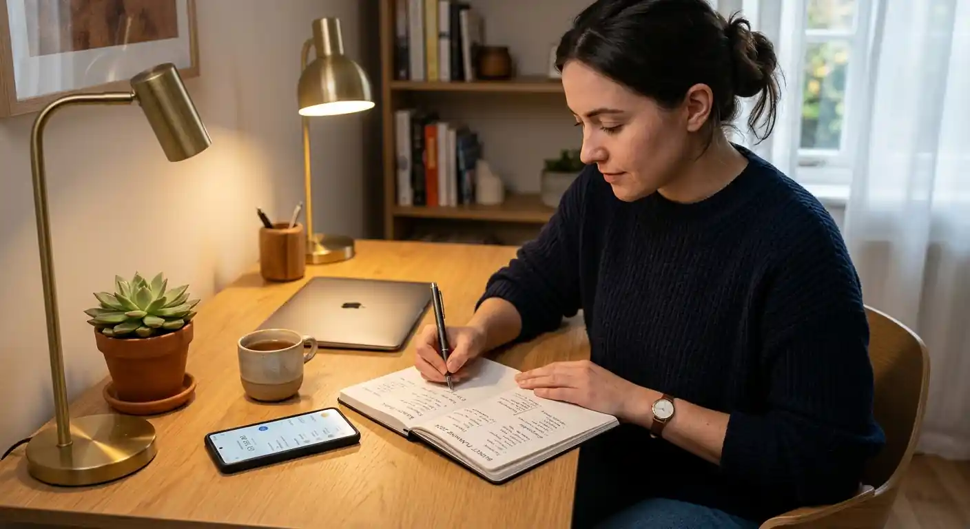 Person an ordentlichem Schreibtisch mit Notizbuch und Budget-Plan ohne Taschenrechner