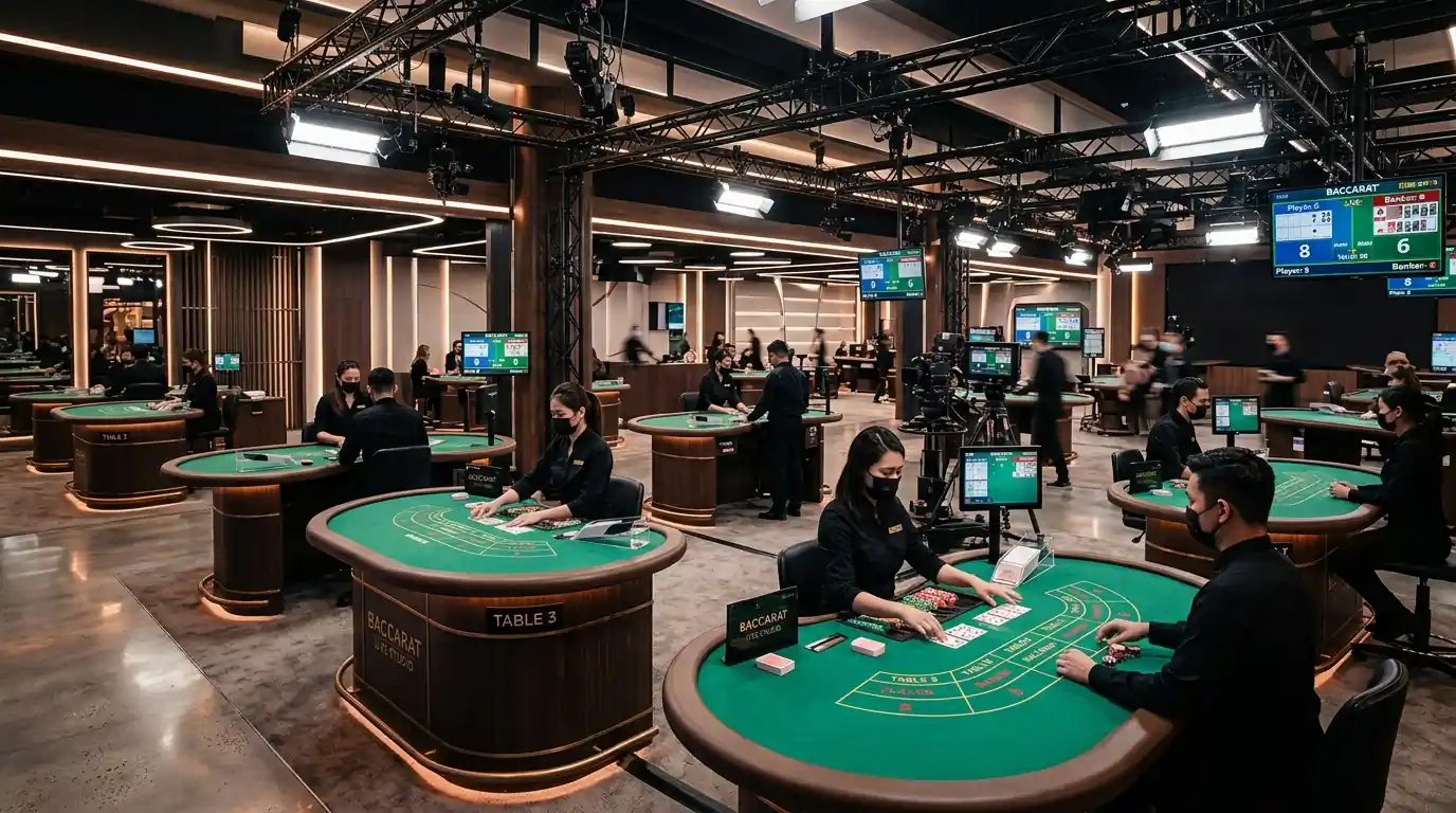 Live-Dealer-Studio mit mehreren Baccarat-Tischen und professionellen Croupiers