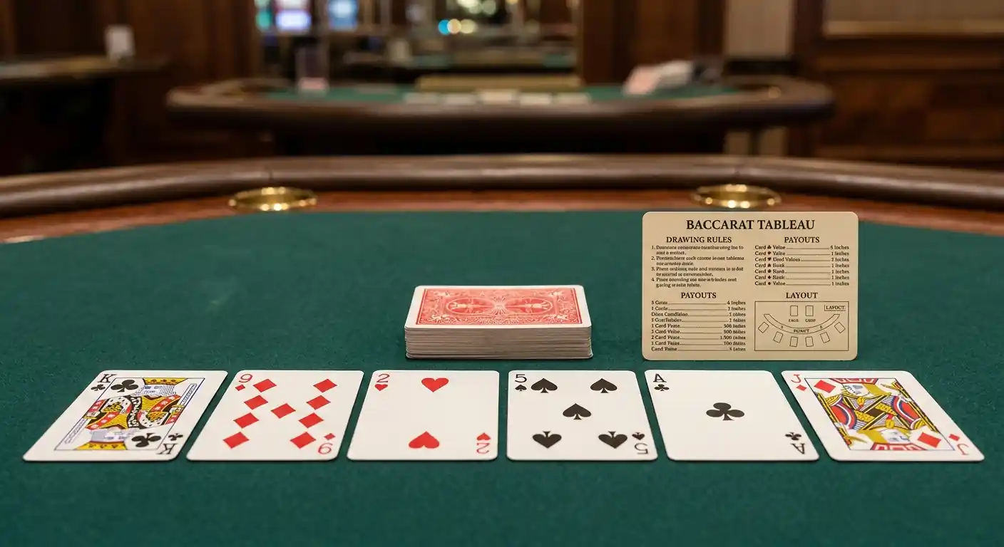 Nahaufnahme von Baccarat-Karten und Tableau mit Third-Card-Regel am Live-Tisch