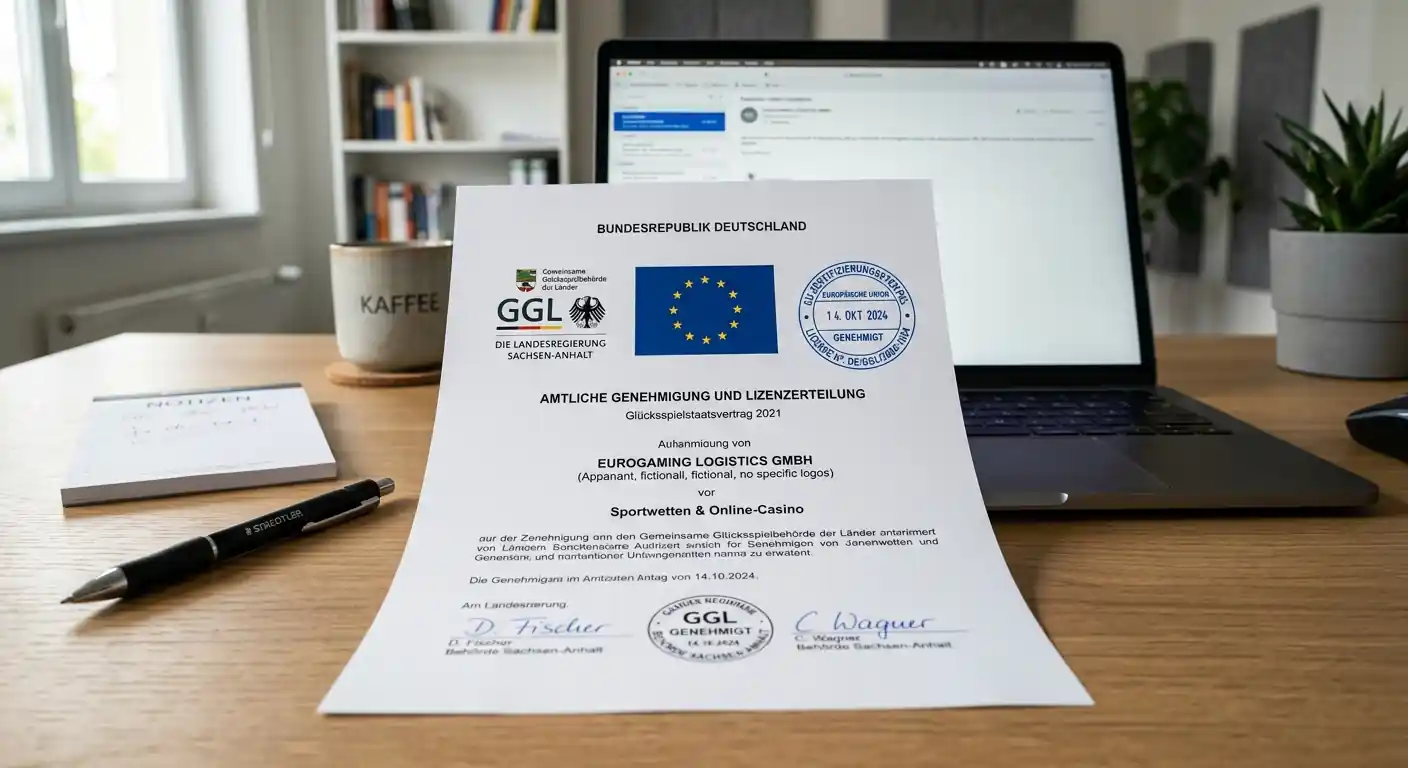 Dokument mit GGL-Logo und EU-Lizenzstempeln nebeneinander auf Schreibtisch
