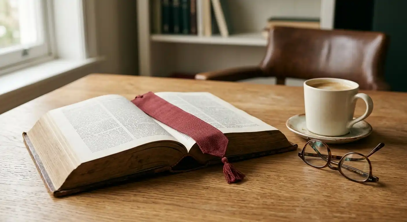 Aufgeschlagenes Gesetzbuch mit Lesezeichen neben einer Tasse auf ruhigem Schreibtisch