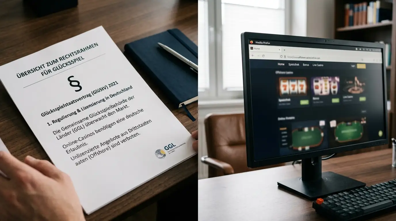 Paragraph-Symbol und Gesetzestext auf Bildschirm mit GGL-Logo, Offshore-Casino-Domain im Browser daneben