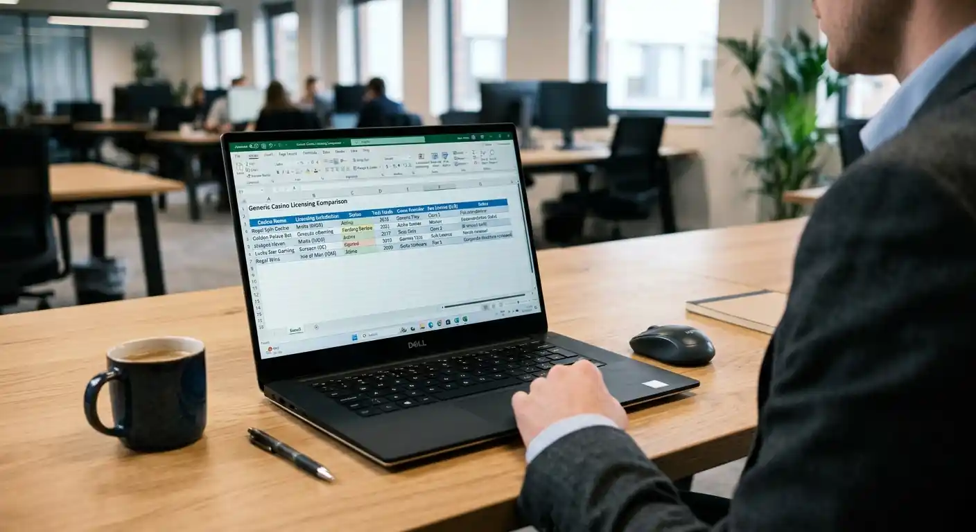 Vergleichstabelle mit Casino-Lizenzen und Zahlungsmethoden auf Laptop-Bildschirm