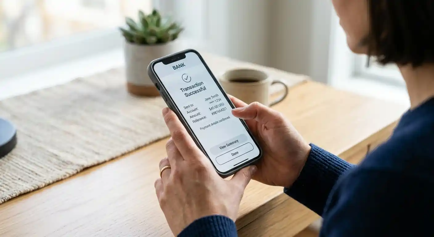 Person hält Smartphone mit Revolut-App und tippt auf Zahlungsbestätigung