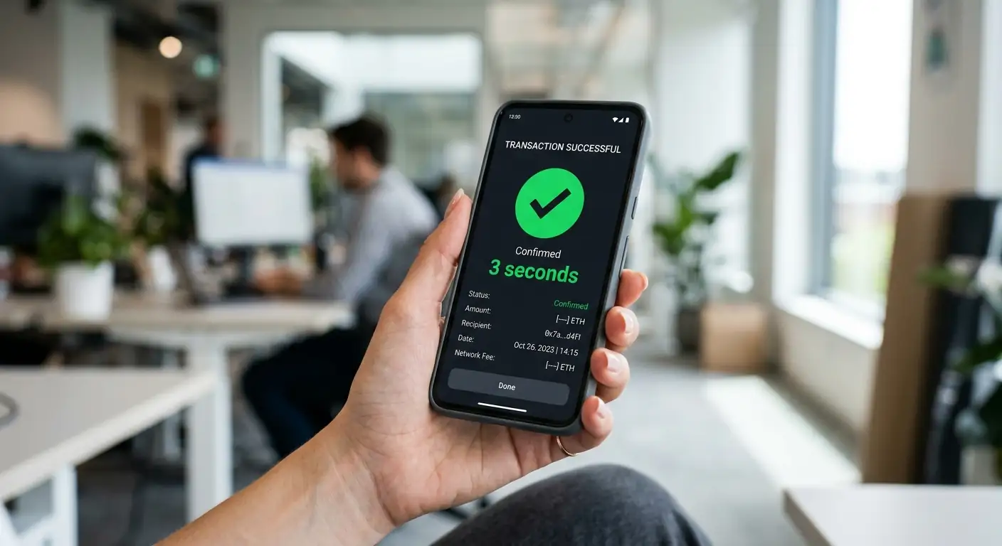 Smartphone zeigt XRP-Transaktion mit Bestätigungszeit von 3 Sekunden