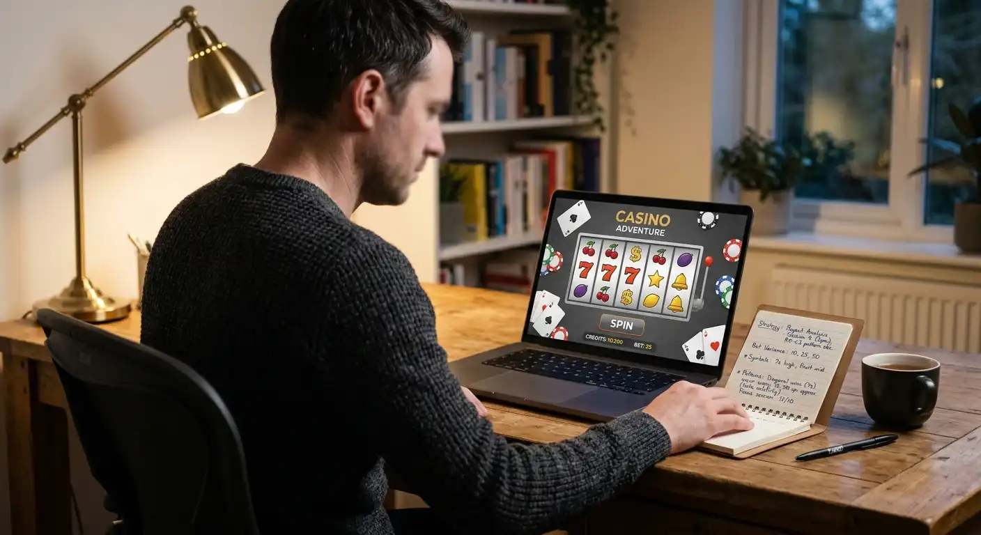 Person am Laptop mit neutralem Casino-Browserinterface und Notizzettel