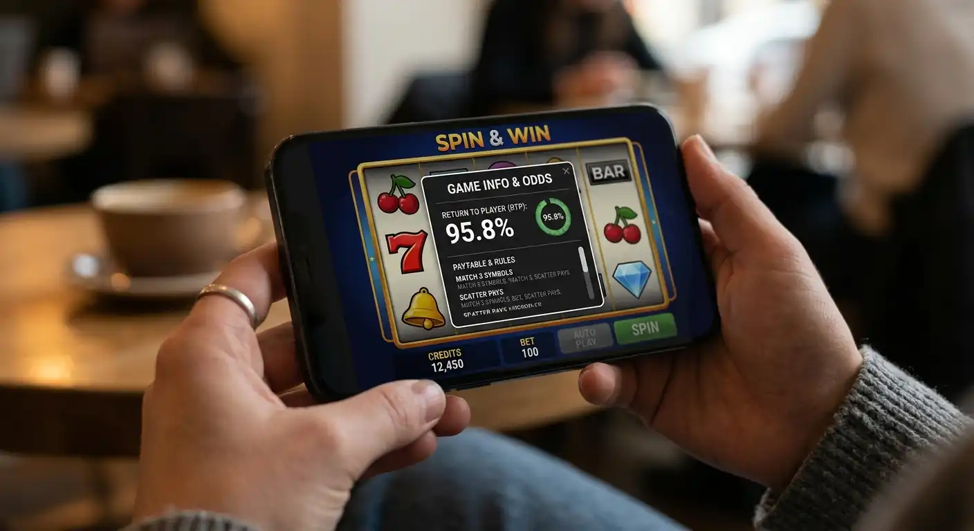 Person prüft die RTP-Angabe eines Spielautomaten im Informationsmenü