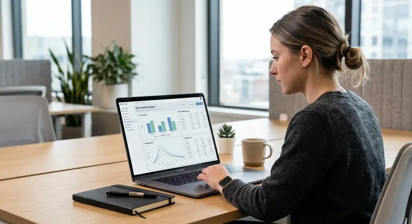 Person analysiert RTP-Statistiken und Volatilitätskurven auf Laptop