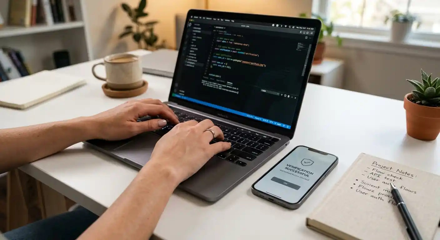 Hände auf einer Laptop-Tastatur neben einem Smartphone mit Verifizierungsanzeige