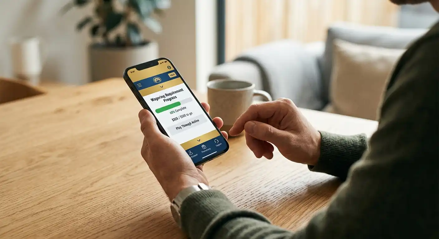 Person mit Smartphone, das eine Casino-App mit Fortschrittsanzeige für Umsatzbedingungen zeigt