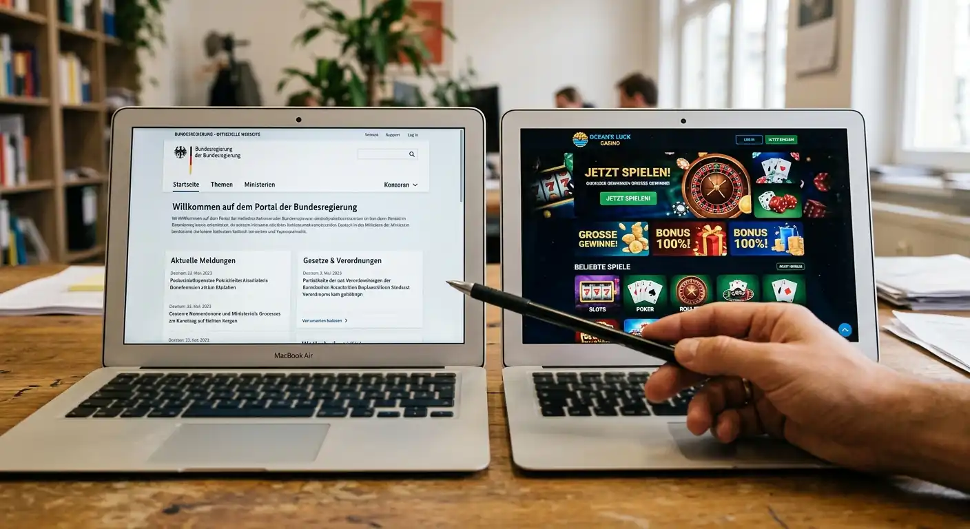 Zwei Laptop-Bildschirme zeigen Vergleich zwischen deutscher Behördenseite und Offshore-Casino