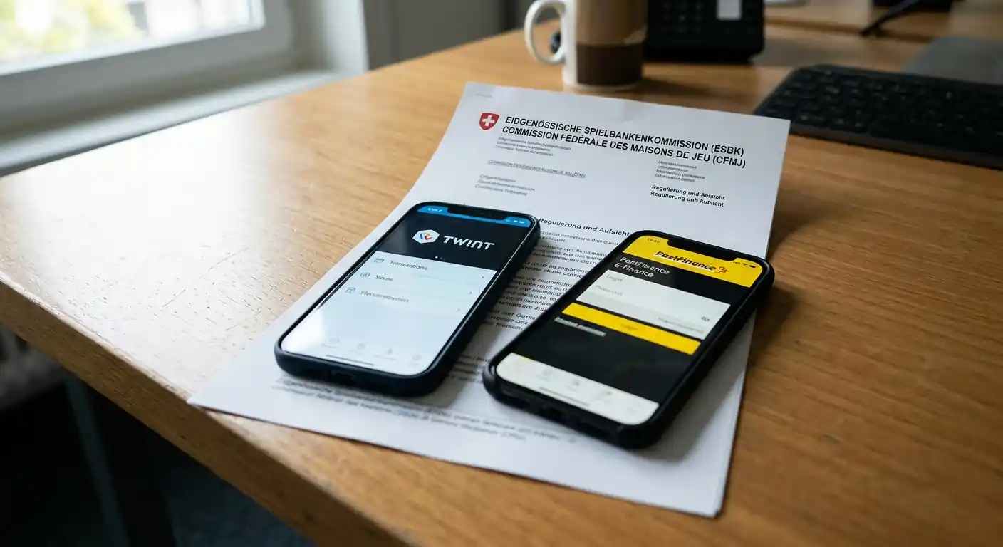 Schweizer ESBK-Konzessionsdokument mit TWINT und PostFinance E-Finance Icons