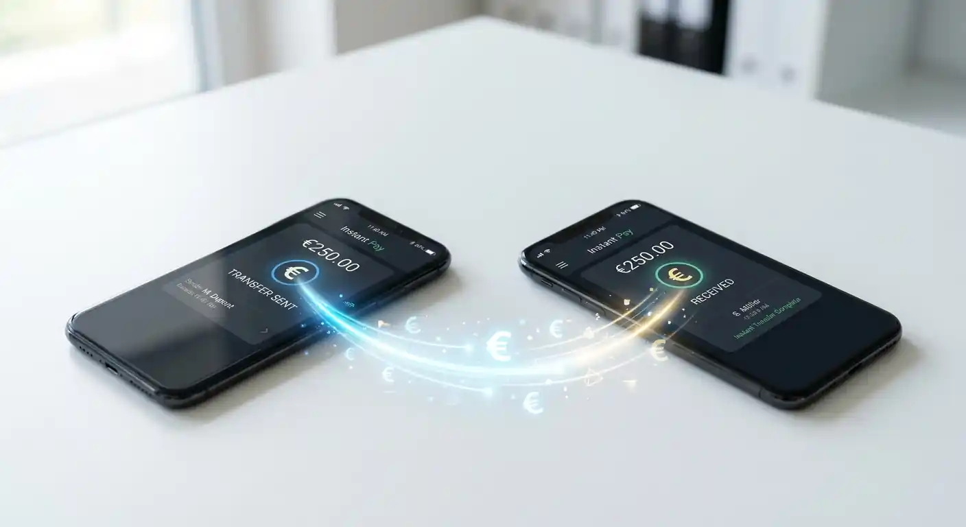 Zwei Smartphones mit Verbindungslinie symbolisieren Instant Payment