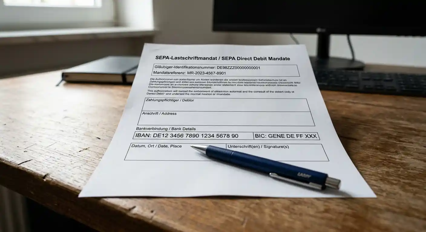 SEPA-Lastschrift Dokument mit IBAN und Mandatsreferenz auf Tisch