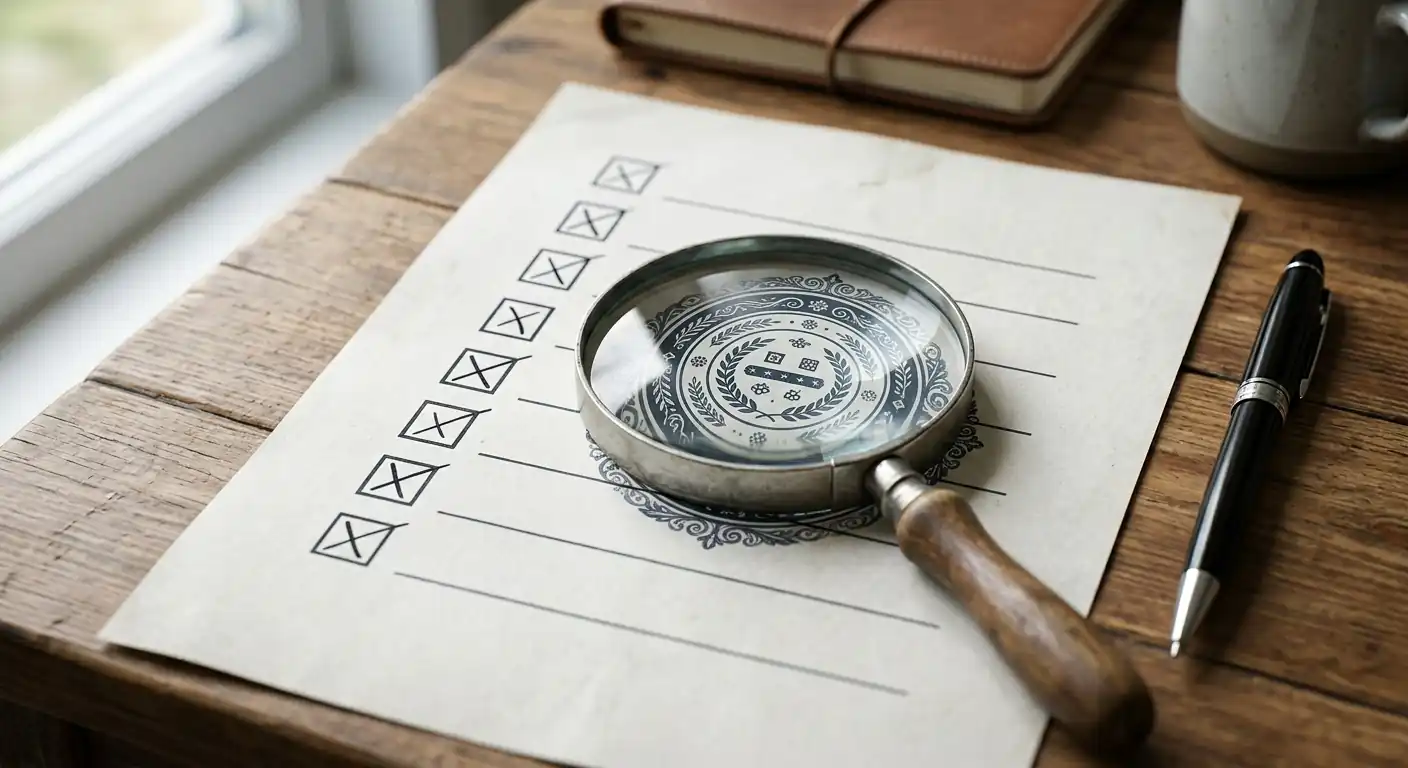 Eine Prüf-Checkliste mit Lupe über einem Lizenz-Siegel