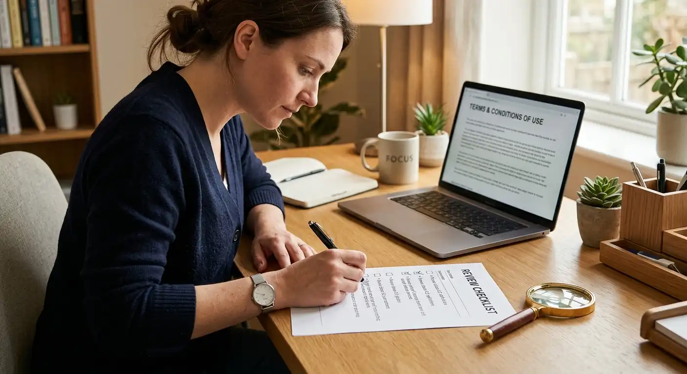Prüfung eines seriösen Startguthaben-Angebots anhand einer Checkliste am Schreibtisch