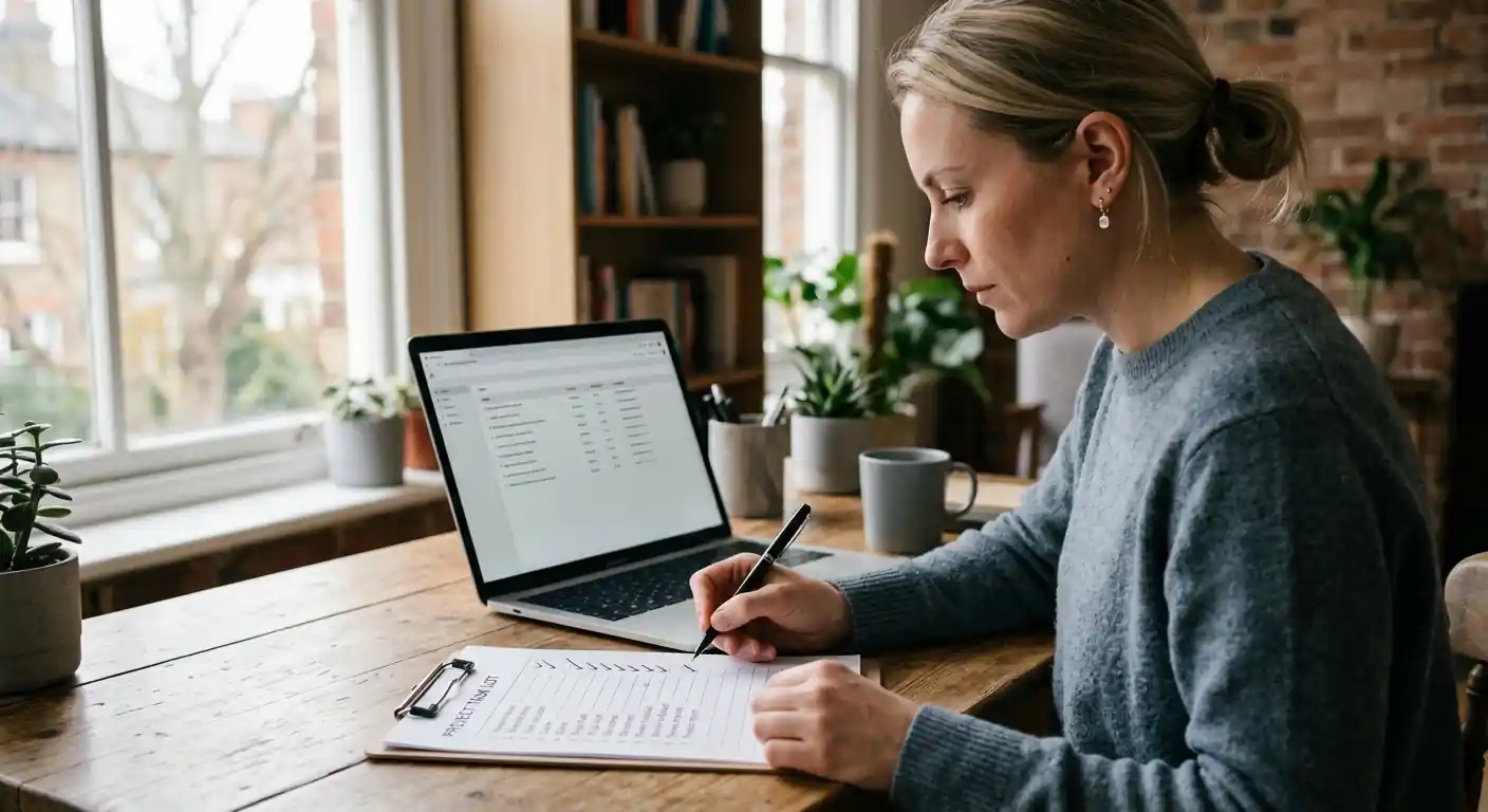 Person prüft am Laptop die Seriosität eines Online Casinos anhand einer Checkliste