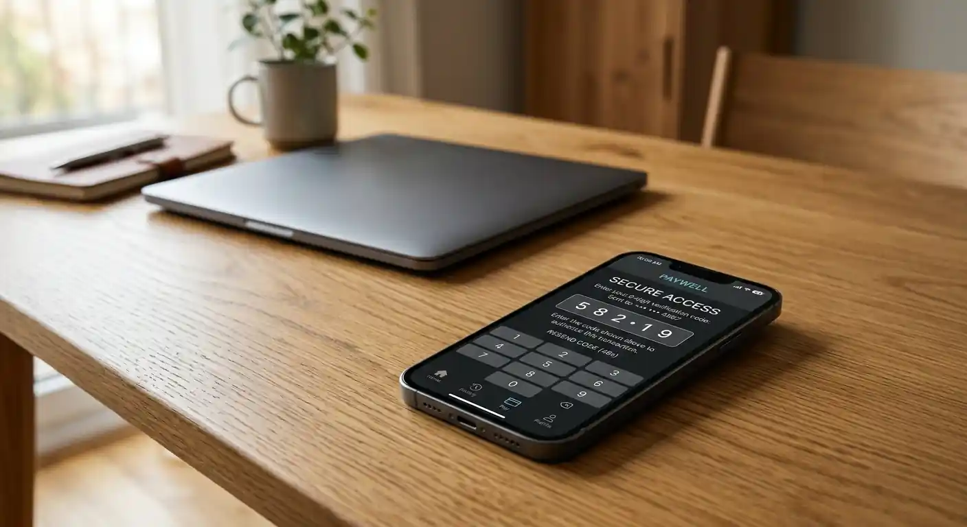 Smartphone mit Skrill-App und Zwei-Faktor-Authentifizierung auf modernem Schreibtisch