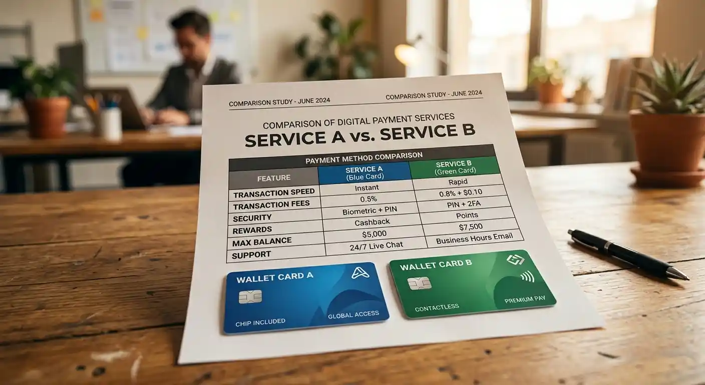 Vergleichstabelle mit PayPal, Skrill und Neteller auf Dokumenten nebeneinander