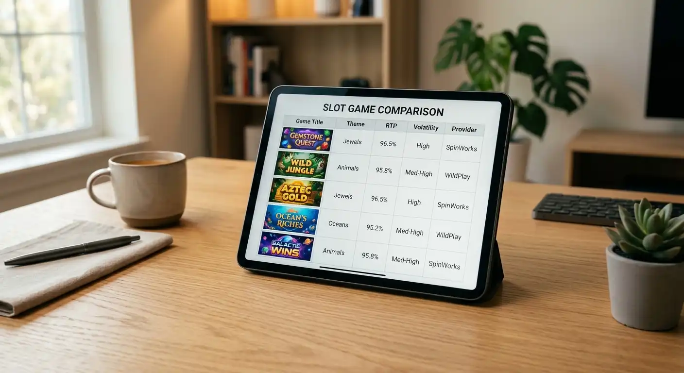 Vergleichstabelle mit Slot-Screenshots und Spieldetails auf einem Tablet-Bildschirm