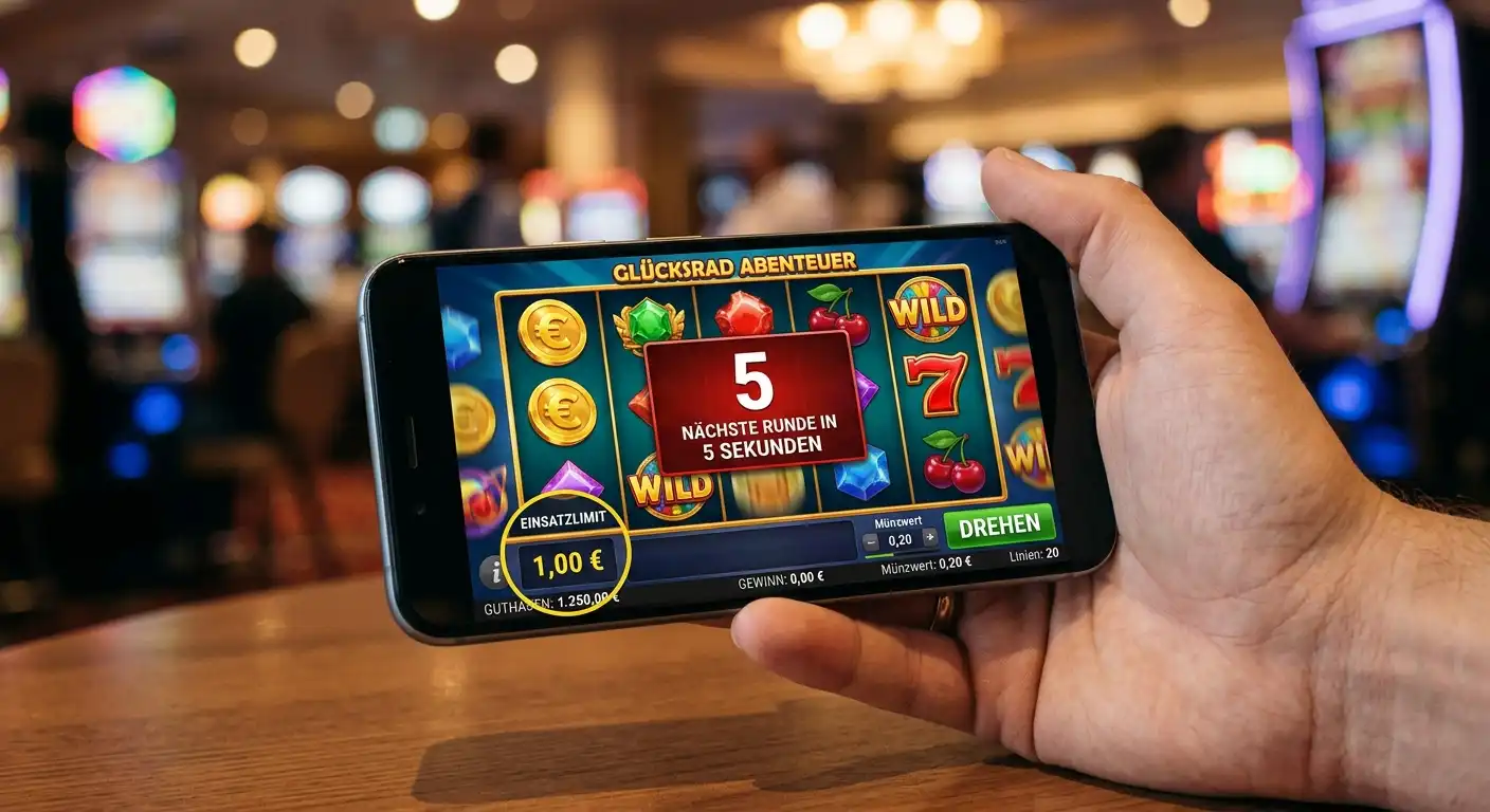 Smartphone zeigt Slot-Spiel mit 1-Euro-Einsatzlimit und 5-Sekunden-Countdown auf dem Bildschirm
