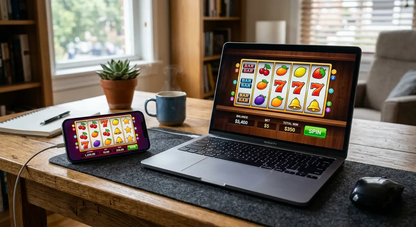 Smartphone mit Casino-Slot-Interface neben Laptop auf modernem Schreibtisch