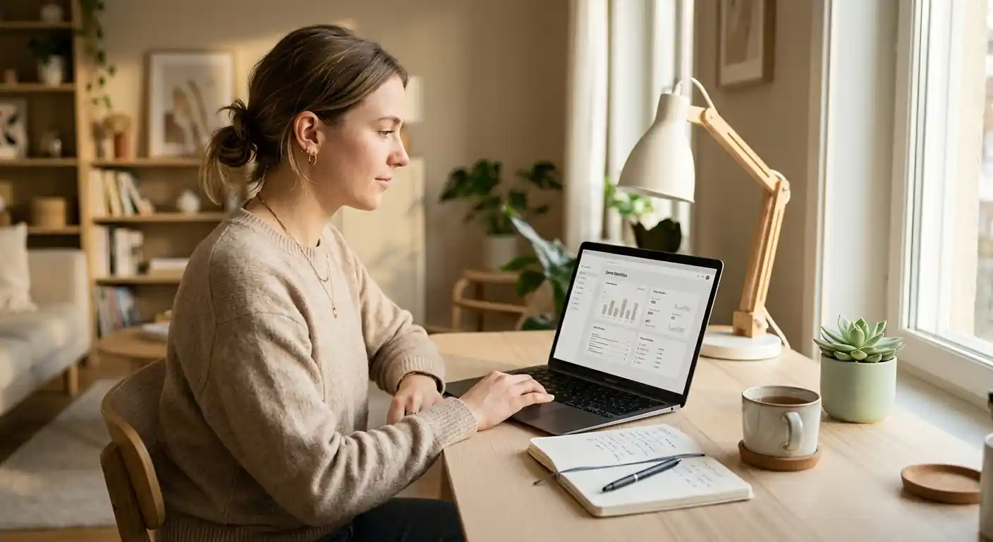 Person am Schreibtisch mit Laptop und Notizbuch neben einer neutralen Spielstatistik