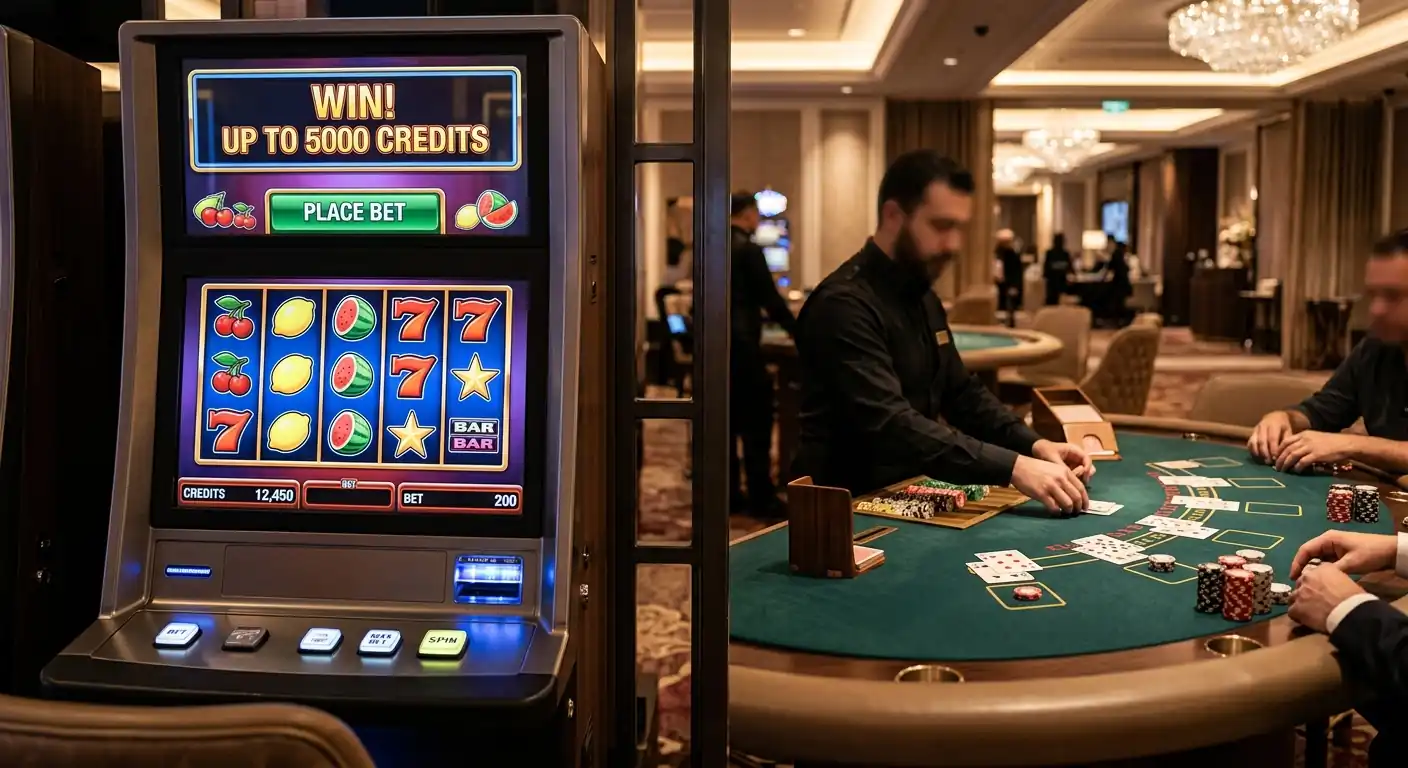 Spielautomat mit bunten Walzen und Live-Casino Tisch im Hintergrund