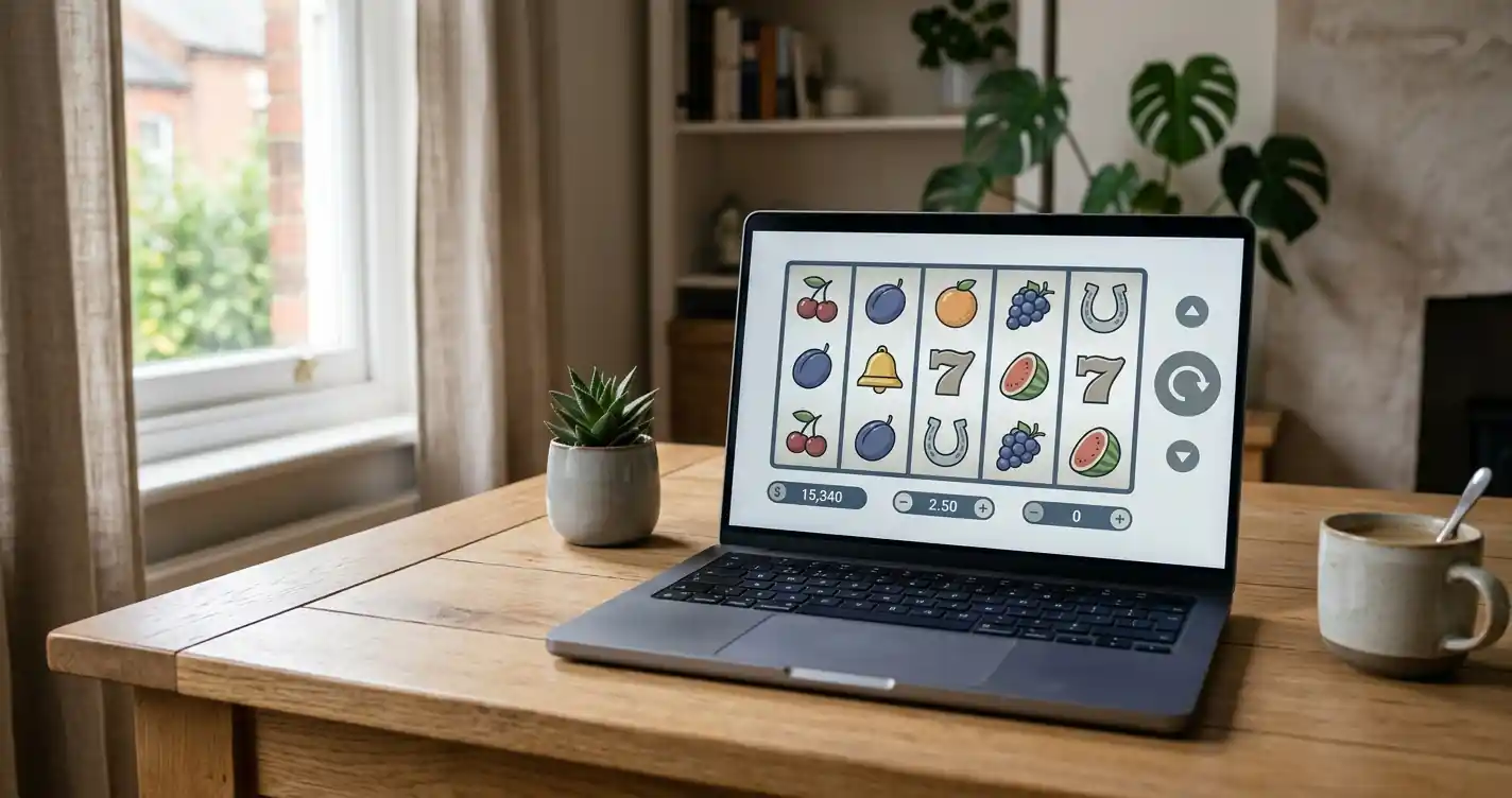 Laptop auf einem Schreibtisch mit geöffnetem Browserfenster und neutraler Spielautomaten-Oberfläche