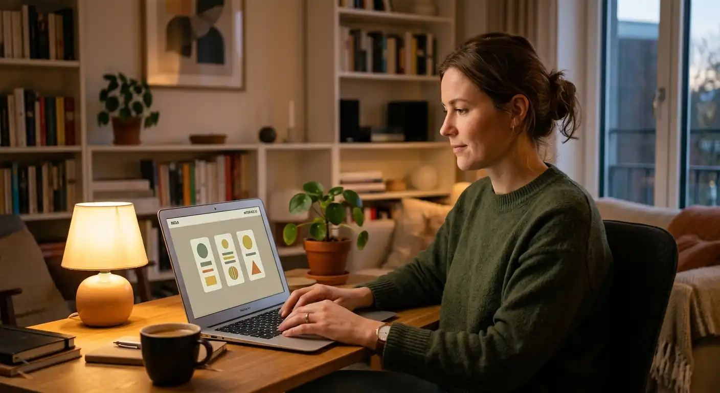Person am Laptop mit abstrakten Spielwalzen-Symbolen ohne Markenbezug auf dem Bildschirm