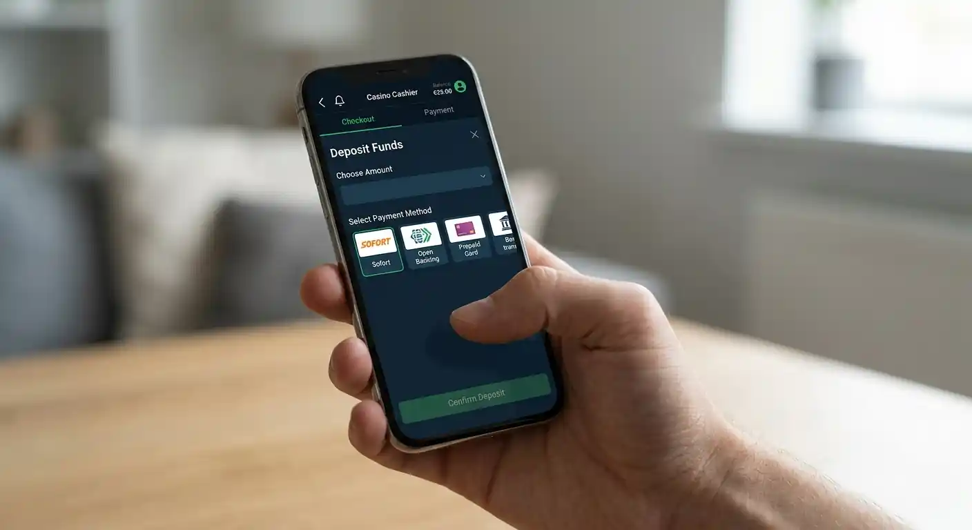 Smartphone mit offener Casino-App und Sofort-Zahlungsoption auf dem Display